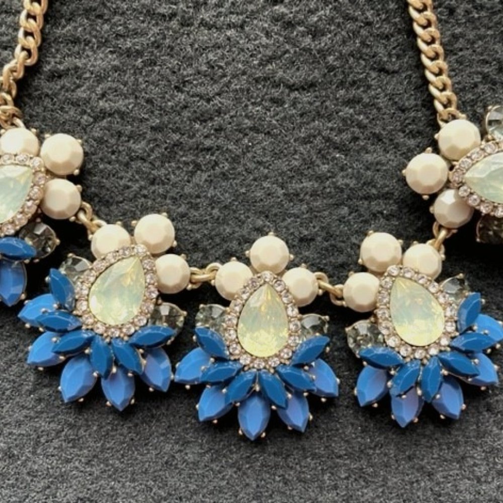 J Crew Gemstone Cluster Statement Necklace Teardrop Crystals Blue Beige Gold